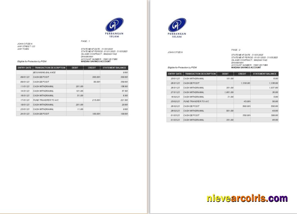 Malaysia Perbankan Islam bank statement Word and PDF tmplate 1 scr